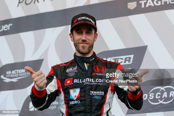 Esteban Guerrieri from Argentina in Honda Civic Type R TCR of ALL-INKL.COM Munnich Motorsport celebrating the second place of race 1 in the podium...