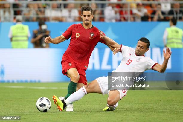 Andre Silva of Portugal, Omid Ebrahimi of Iran during the 2018 FIFA World Cup Russia group B match between Iran and Portugal at Mordovia Arena on...