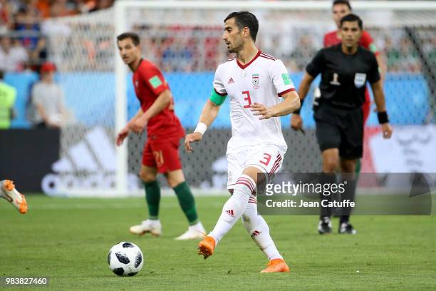 Ehsan Hajsafi of Iran during the 2018 FIFA World Cup Russia group B match between Iran and Portugal at Mordovia Arena on June 25, 2018 in Saransk,...