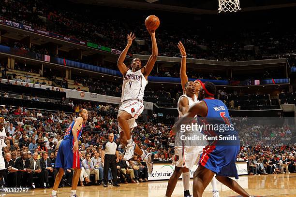 Derrick Brown of the Charlotte Bobcats goes for the jumpshot against Ben Wallace of the Detroit Pistons on April 10, 2010 at the Time Warner Cable...