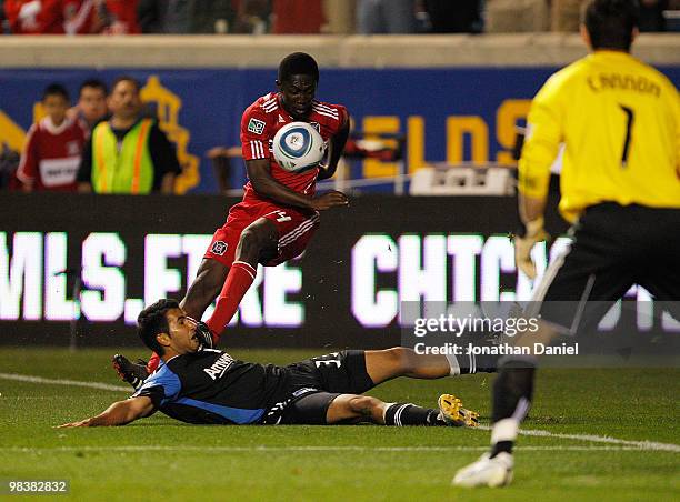 Steve Beitashour of the San Jose Earthquakes blocks a shot by Patrick Nyarko of the Chicago Fire in an MLS match on April 10, 2010 at Toyota Park in...