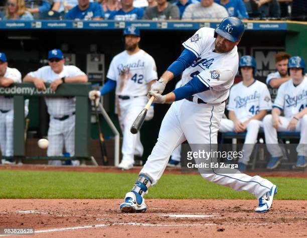 Lucas Duda of the Kansas City Royals hits a RBI single in the fourth inning against the Los Angeles Angels of Anaheim at Kauffman Stadium on June 25,...