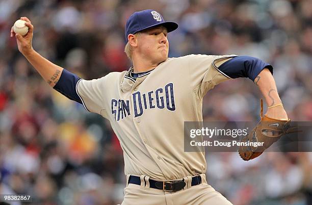 Starting pitcher Mat Latos of the San Diego Padres delivers against the Colorado Rockies during MLB action at Coors Field on April 10, 2010 in...