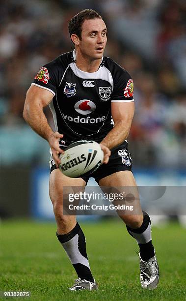 Lance Hohaia of the Warriors offloads the ball during the round five NRL match between the Canterbury Bulldogs and the Warriors at ANZ Stadium on...