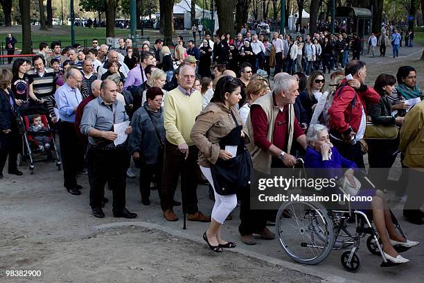 People queue to enter during the Solemn Exposition Of The Holy Shroud on April 10, 2010 in Turin, Italy. The Holy Shroud will be displayed at the...