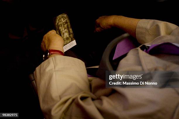 People queue to enter during the Solemn Exposition Of The Holy Shroud on April 10, 2010 in Turin, Italy. The Holy Shroud will be displayed at the...