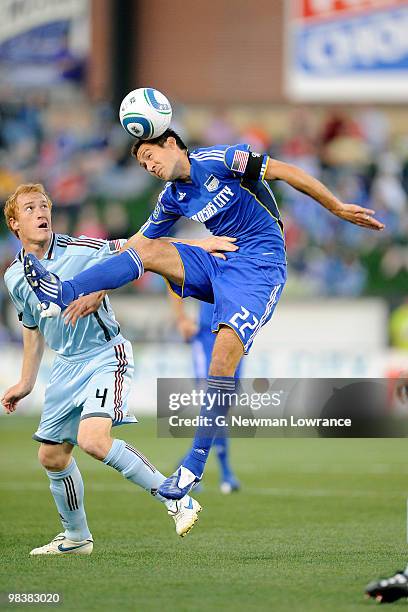 Davy Arnaud of the Kansas City Wizards heads the ball during the game against the Colorado Rapids on April 10, 2010 at Community America Park in...