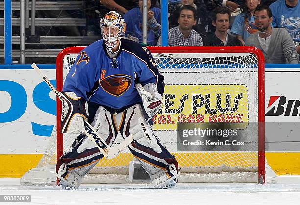 Goaltender Johan Hedberg of the Atlanta Thrashers defends the goal against the Pittsburgh Penguins at Philips Arena on April 10, 2010 in Atlanta,...