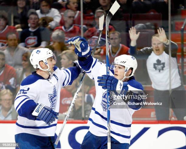 Dion Phaneuf celebrates his game winning goal with Francois Beauchemin of the Toronto Maple Leafs during the NHL game on April 10, 2010 at the Bell...