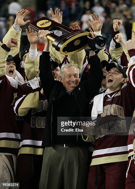 Head coach Jerry York of the Boston College Eagles celebrates after winning the championship game of the 2010 NCAA Frozen Four on April 10, 2010 at...