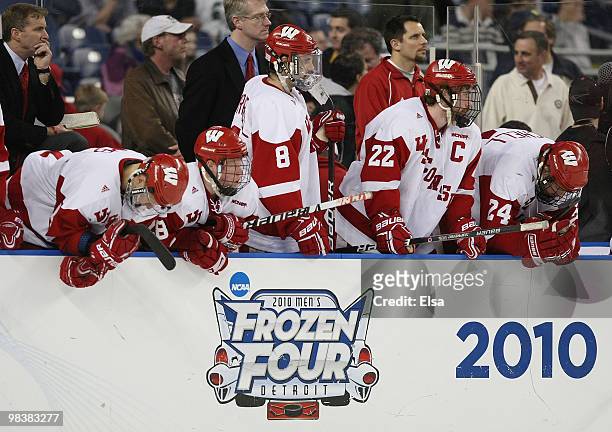 The Wisconsin Badgers reacts after losing the championship game of the 2010 NCAA Frozen Four to the Boston College Eagles on April 10, 2010 at Ford...