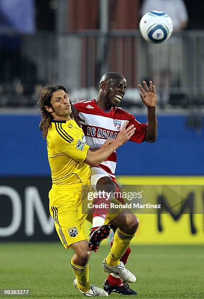Defender Frankie Hejduk of the Columbus Crew battles for the ball with Jair Benitez of FC Dallas at Pizza Hut Park on April 10, 2010 in Frisco, Texas.