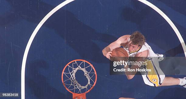 Troy Murphy of the Indiana Pacers lays the ball up on the New Jersey Nets at Conseco Fieldhouse on April 10, 2010 in Indianapolis, Indiana. NOTE TO...