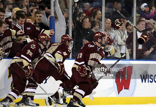The Boston College Eagles celebrate at the end of the championship game of the 2010 NCAA Frozen Four on April 10, 2010 at Ford Field in Detroit,...