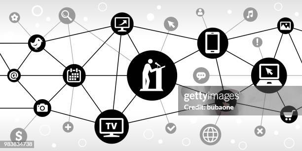speaker on podium internet communication technology triangular node pattern background - software platform stock illustrations