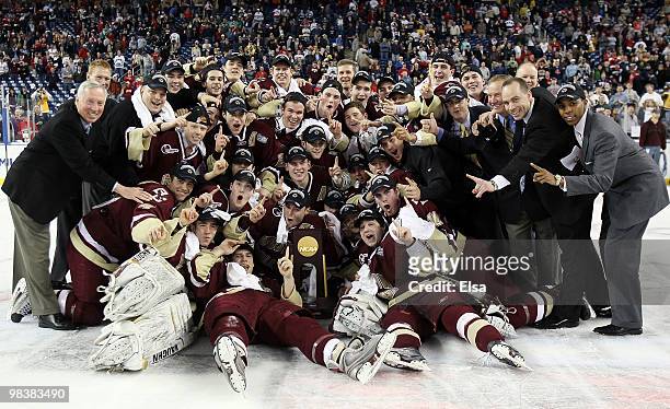 The Boston College Eagles pose with the trophy after they won the championship game of the 2010 NCAA Frozen Four on April 10, 2010 at Ford Field in...