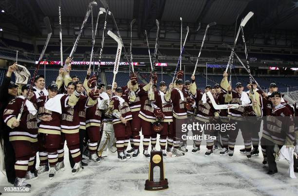 The Boston College Eagles pose with the trophy after they won the championship game of the 2010 NCAA Frozen Four on April 10, 2010 at Ford Field in...