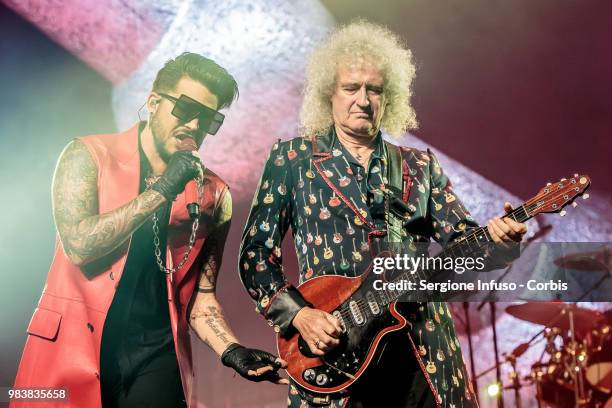 Adam Lambert and Brian May of Queen perform on stage at Mediolanum Forum of Assago on June 25, 2018 in Milan, Italy.