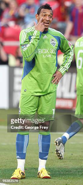 Tyrone Marshall of Seattle Sounders FC complains to an official during the MLS match between Seattle Sounders FC v Real Salt Lake at Qwest Field on...