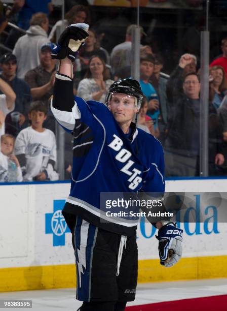 Steven Stamkos of the Tampa Bay Lightning waves to the fans after the last home game of the season against the Florida Panthers at the St. Pete Times...