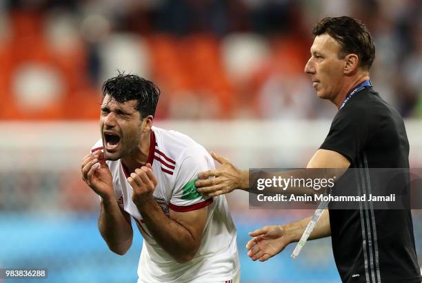 Mehdi Taremi of Iran cries after the 2018 FIFA World Cup Russia group B match between Iran and Portugal at Mordovia Arena on June 25, 2018 in...