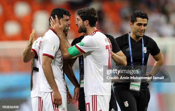 Milad Mohammadi of Iran cries after the 2018 FIFA World Cup Russia group B match between Iran and Portugal at Mordovia Arena on June 25, 2018 in...