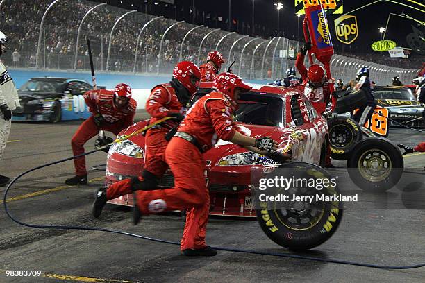 Juan Pablo Montoya, driver of the Target Chevrolet, pits during the NASCAR Sprint Cup Series SUBWAY Fresh Fit 600 at Phoenix International Raceway on...