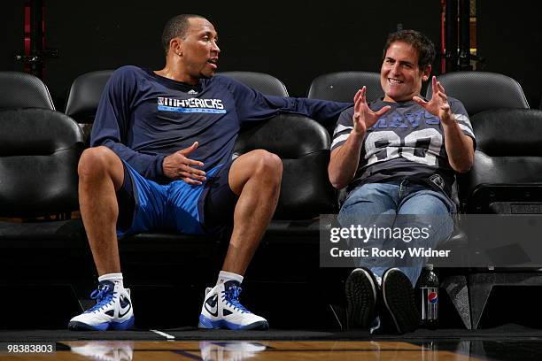 Dallas Mavericks owner Mark Cuban talks with Shawn Marion before taking on the Sacramento Kings on April 10, 2010 at ARCO Arena in Sacramento,...