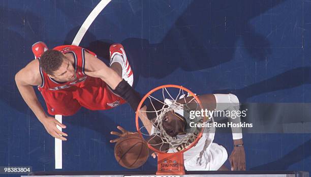 Roy Hibbert of the Indiana Pacers lays the ball up against Brooke Lopez of the New Jersey Nets at Conseco Fieldhouse on April 10, 2010 in...