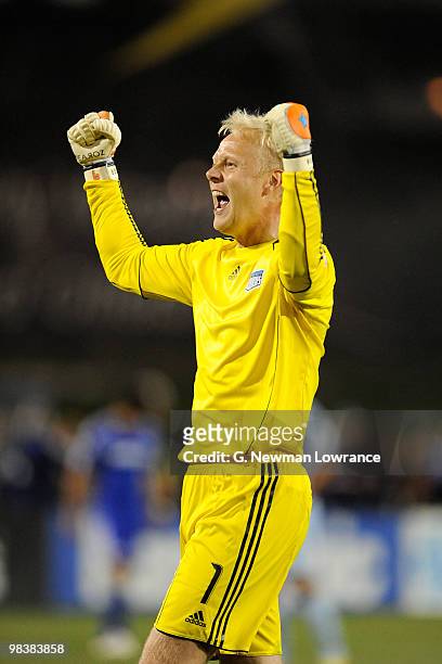 Jimmy Nielsen of the Kansas City Wizards celebrates with fans following a 1-0 victory against the Colorado Rapids on April 10, 2010 at Community...