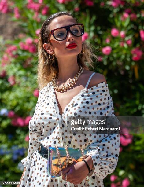 Vanessa Cagnazzp seen wearing a self made dress and Primark handbag outside the Oscar Leon fashion show during 080 Barcelona Fashion Week 2018 on...