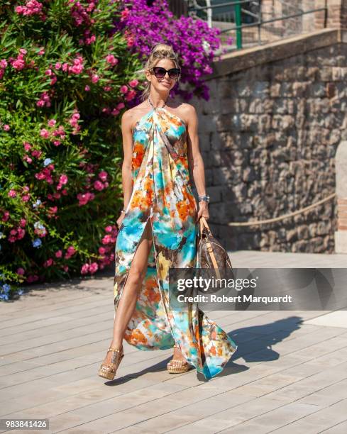 Martha Boul seen wearing a self made dress and custom Louis Vuitton monogram handbag outside the Oscar Leon fashion show during 080 Barcelona Fashion...