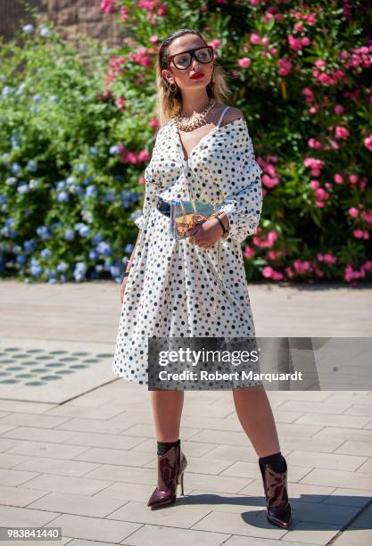 Vanessa Cagnazzp seen wearing a self made dress and Primark handbag outside the Oscar Leon fashion show during 080 Barcelona Fashion Week 2018 on...