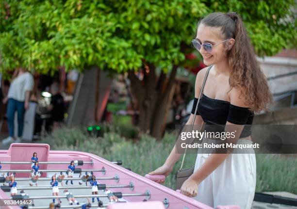 Clara Garcia seen wearing a top by Subdued and pants by Stradivarius outside the TCN fashion show during 080 Barcelona Fashion Week 2018 on June 25,...