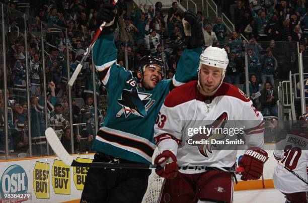 Derek Morris of the Phoenix Coyotes reacts to a goal by Devin Setoguchi of the San Jose Sharks during an NHL game on April 10, 2010 at HP Pavilion at...