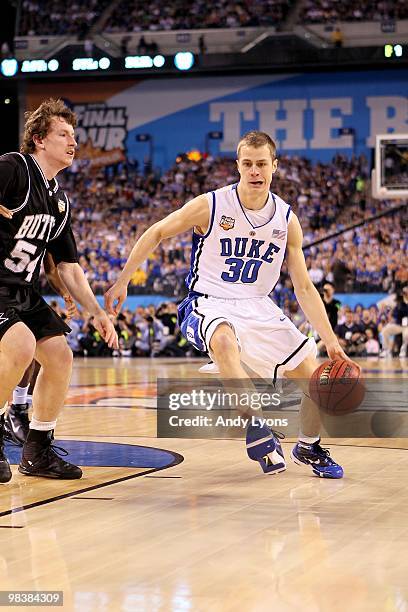 Jon Scheyer of the Duke Blue Devils drives against the Butler Bulldogs during the 2010 NCAA Division I Men's Basketball National Championship game at...