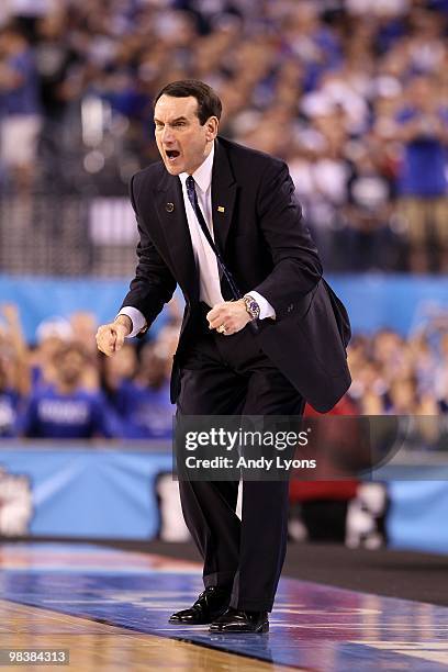 Head coach Mike Krzyzewski of the Duke Blue Devils reacts as he coaches against the Butler Bulldogs during the 2010 NCAA Division I Men's Basketball...