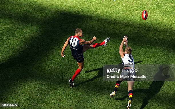 Brad Green of the Demons kicks for goal during the round three AFL match between the Melbourne Demons and the Adelaide Crows at Melbourne Cricket...