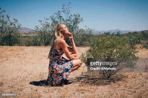 blonde girl squatting near ocotillo bush kmphoto - kmphoto stock pictures, royalty-free photos & images