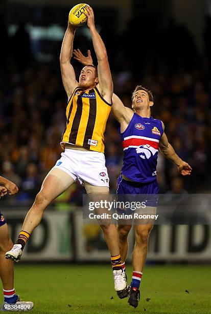 Jarryd Roughead of the Hawks marks during the round three AFL match between the Western Bulldogs and the Hawthorn Hawks at Etihad Stadium on April...