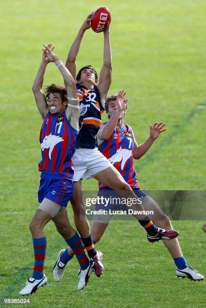 Alistair Kefford of the Cannons takes a mark during the round three TAC Cup match between Oakleigh Chargers and Calder Cannons on April 11, 2010 in...