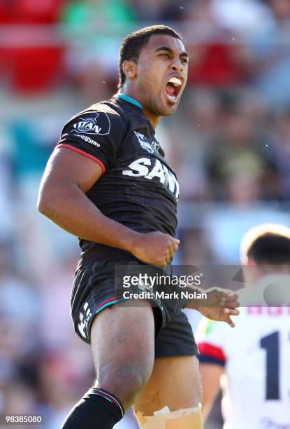 Michael Jennings of the Panthers celebrates his try during the round five NRL match between the Penrith Panthers and the Sydney Roosters at CUA...