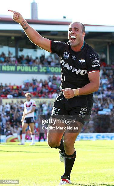 Adrian Purtell of the Panthers celebrates his try during the round five NRL match between the Penrith Panthers and the Sydney Roosters at CUA Stadium...