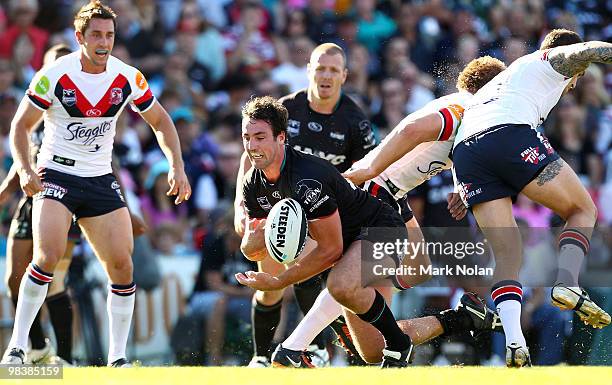 Trent Waterhouse of the Panthers loses the ball during the round five NRL match between the Penrith Panthers and the Sydney Roosters at CUA Stadium...