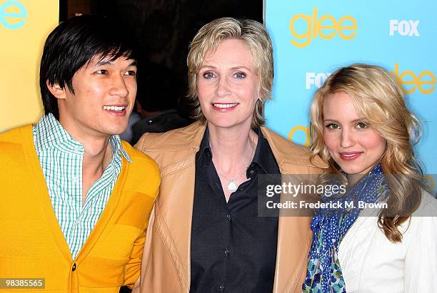 Actors Harry Shum Jr., Jane Lynch and Dianna Agron attend the outdoor screening of Fox's "Glee" Spring premiere at The Grove on April 10, 2010 in Los...