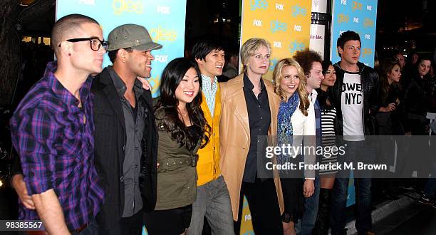 The cast attends the outdoor screening of Fox's "Glee" Spring premiere at The Grove on April 10, 2010 in Los Angeles, California.