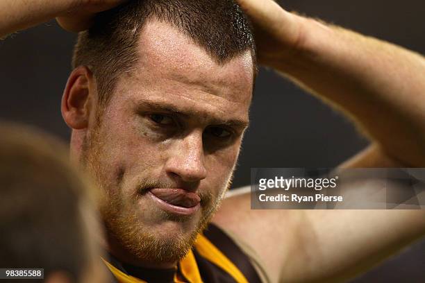 Jarryd Roughead of the Hawks looks dejected after the round three AFL match between the Western Bulldogs and the Hawthorn Hawks at Etihad Stadium on...