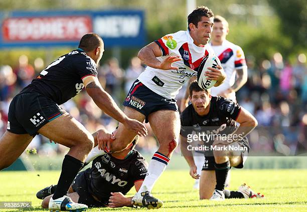 Braith Anasta of the Roosters makes a line break during the round five NRL match between the Penrith Panthers and the Sydney Roosters at CUA Stadium...