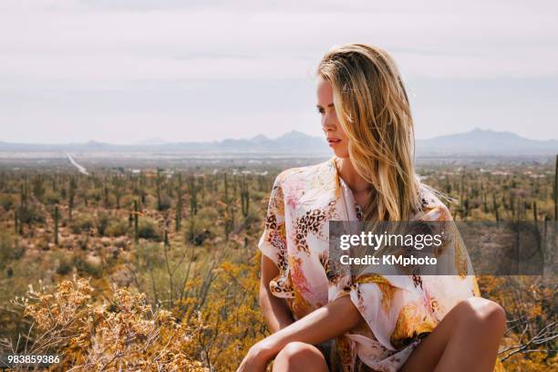 thoughtful blonde girl in desert w/ cacti kmphoto - kmphoto stock pictures, royalty-free photos & images