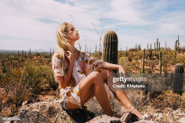 blonde girl sits among cacti,hairs in face kmphoto - kmphoto stock pictures, royalty-free photos & images